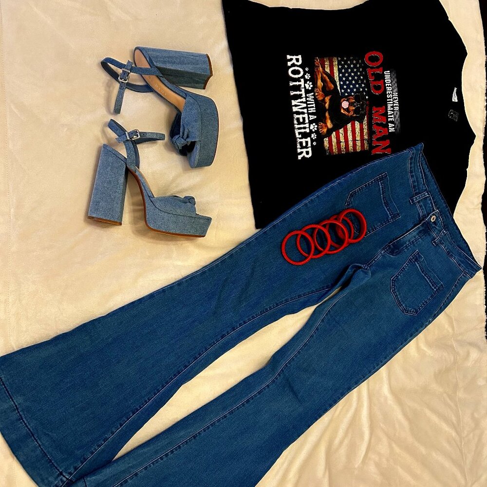 Denim, stretch, flare leg jeans, size small